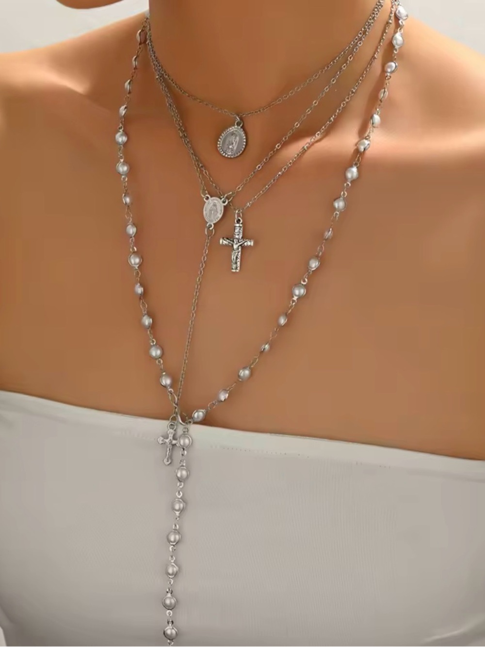 Silver Multi-Layer Cross & Coin Necklace